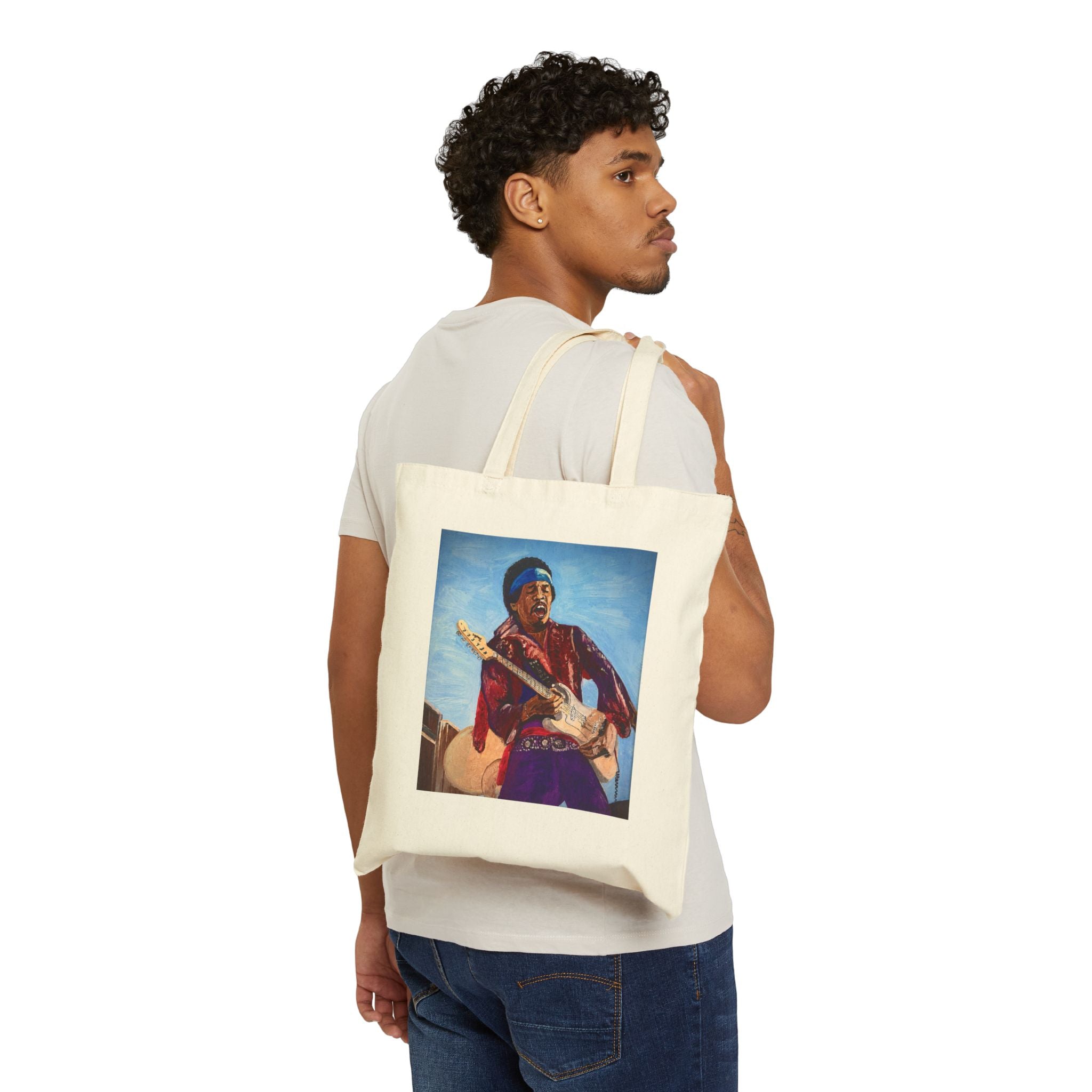 Guitarist Portrait Cotton Tote Bag – Vintage Rock Guitar Art Canvas Tote