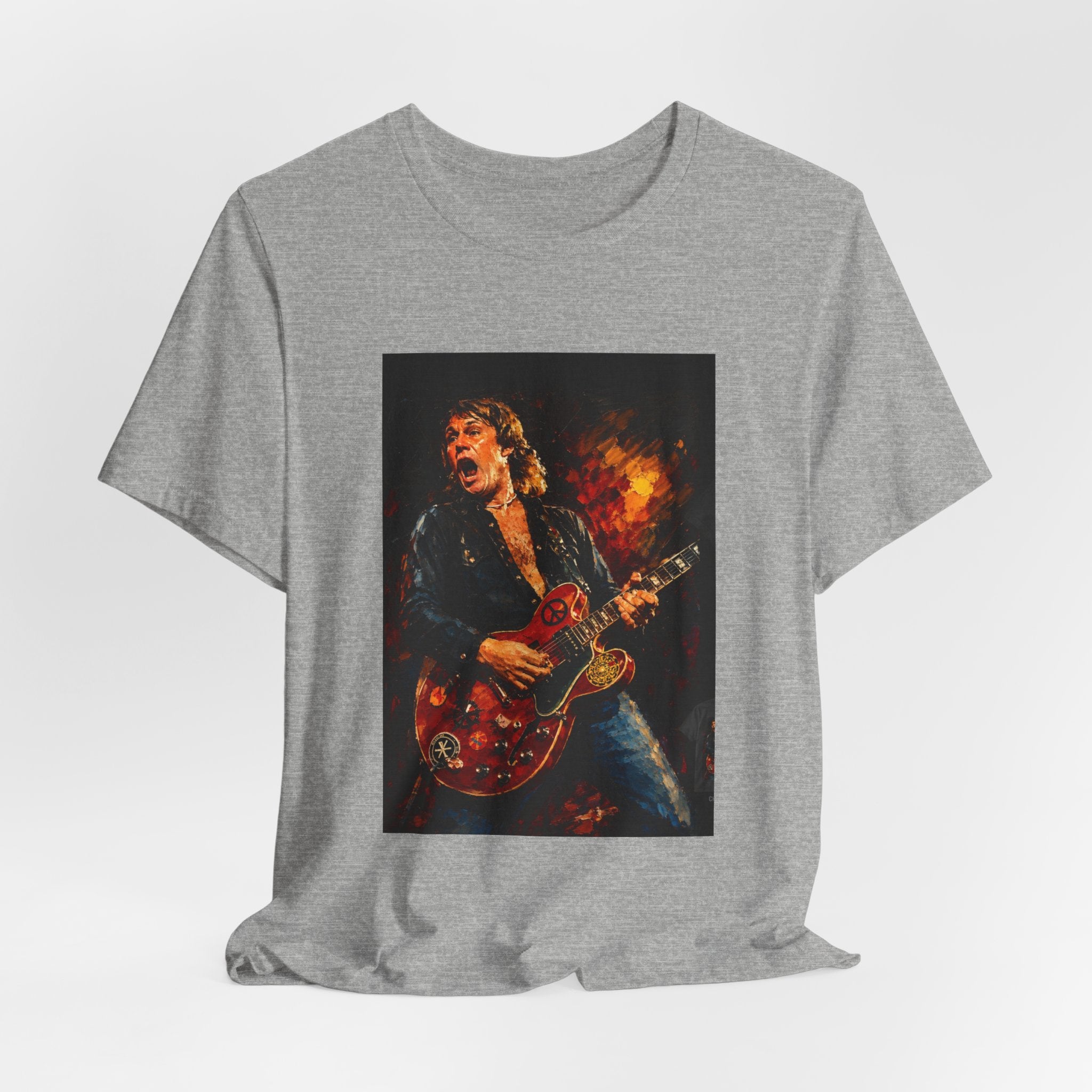 Rock Guitarist Graphic Tee — Fiery Electric Guitar Player T-Shirt