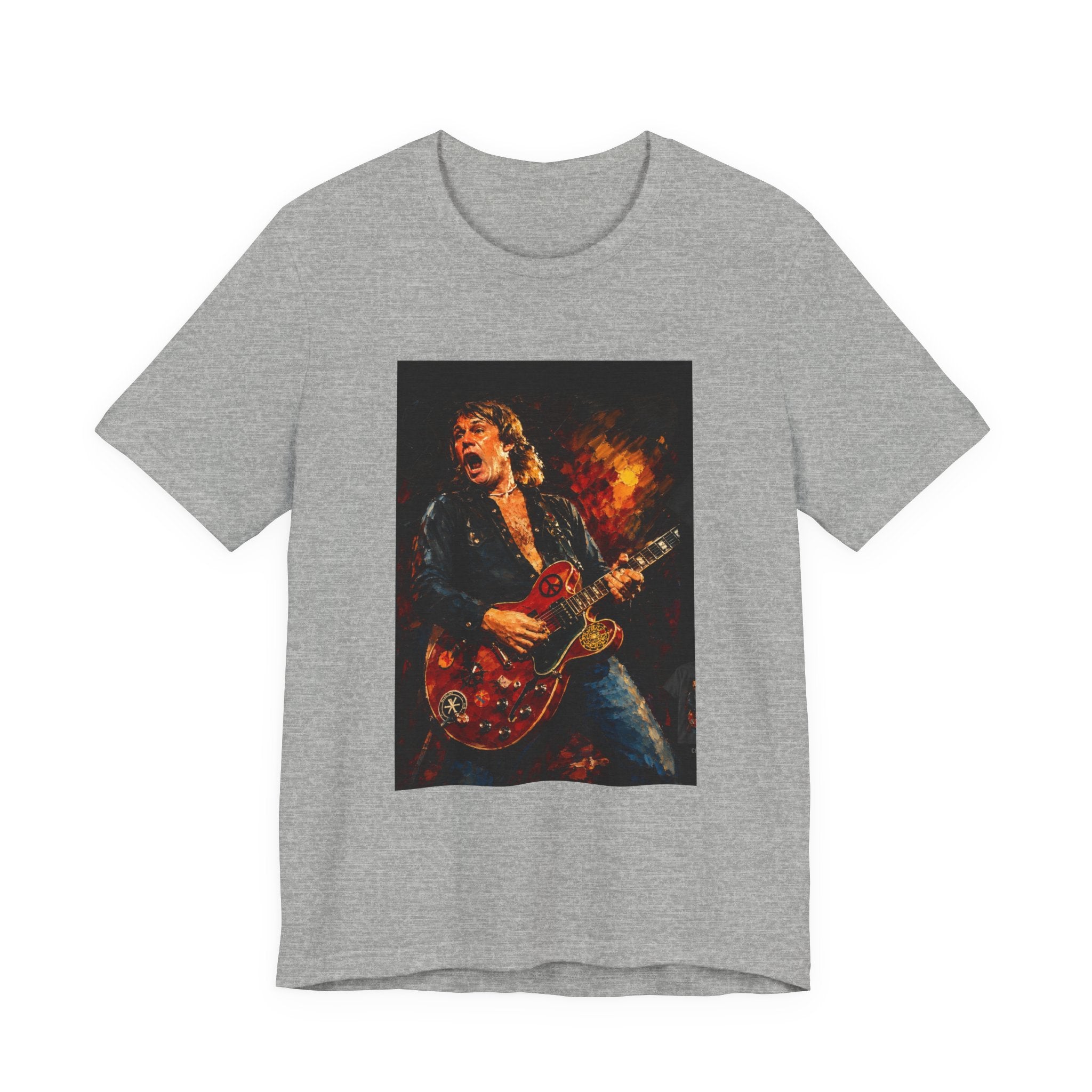 Rock Guitarist Graphic Tee — Fiery Electric Guitar Player T-Shirt