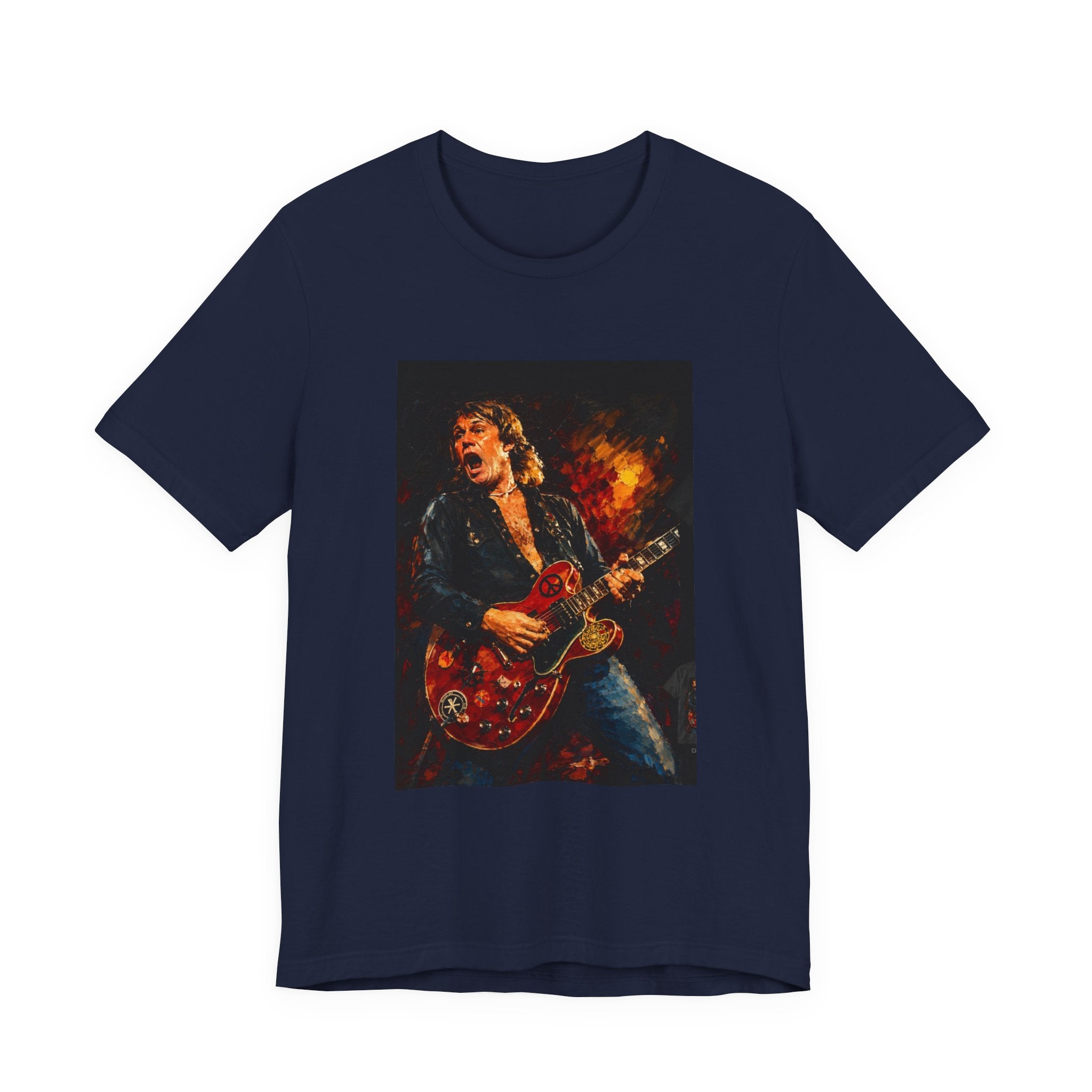 Rock Guitarist Graphic Tee — Fiery Electric Guitar Player T-Shirt