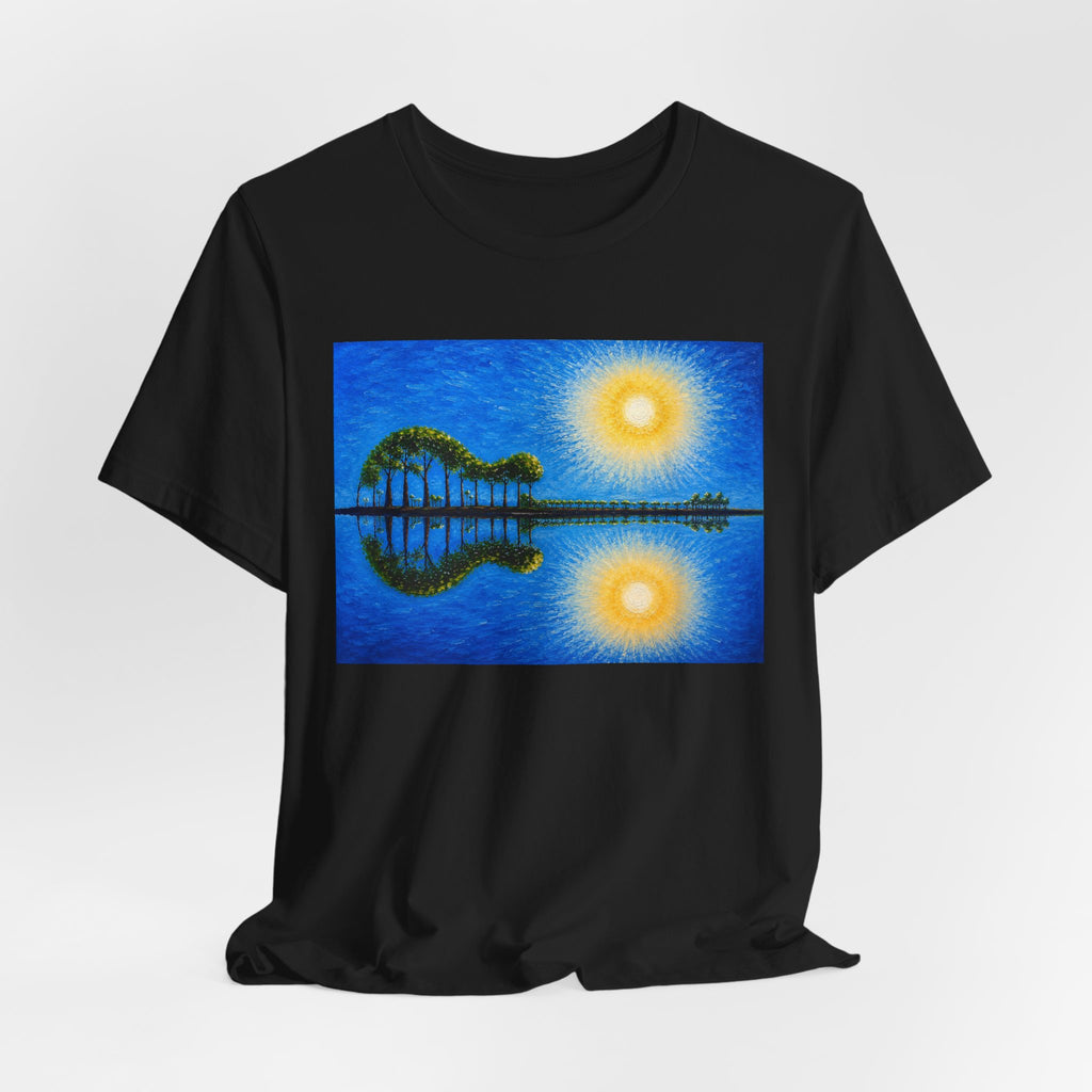 Guitar Island Sunset T Shirt  Reflective Tropical Music Art Tee