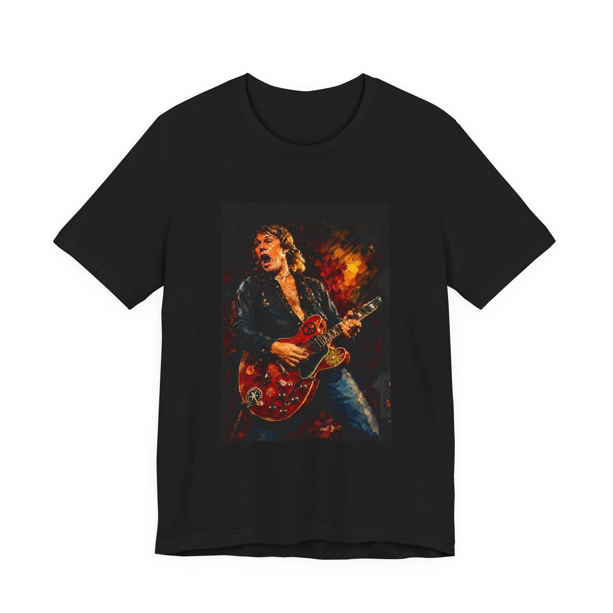 Rock Guitarist Graphic Tee — Fiery Electric Guitar Player T-Shirt