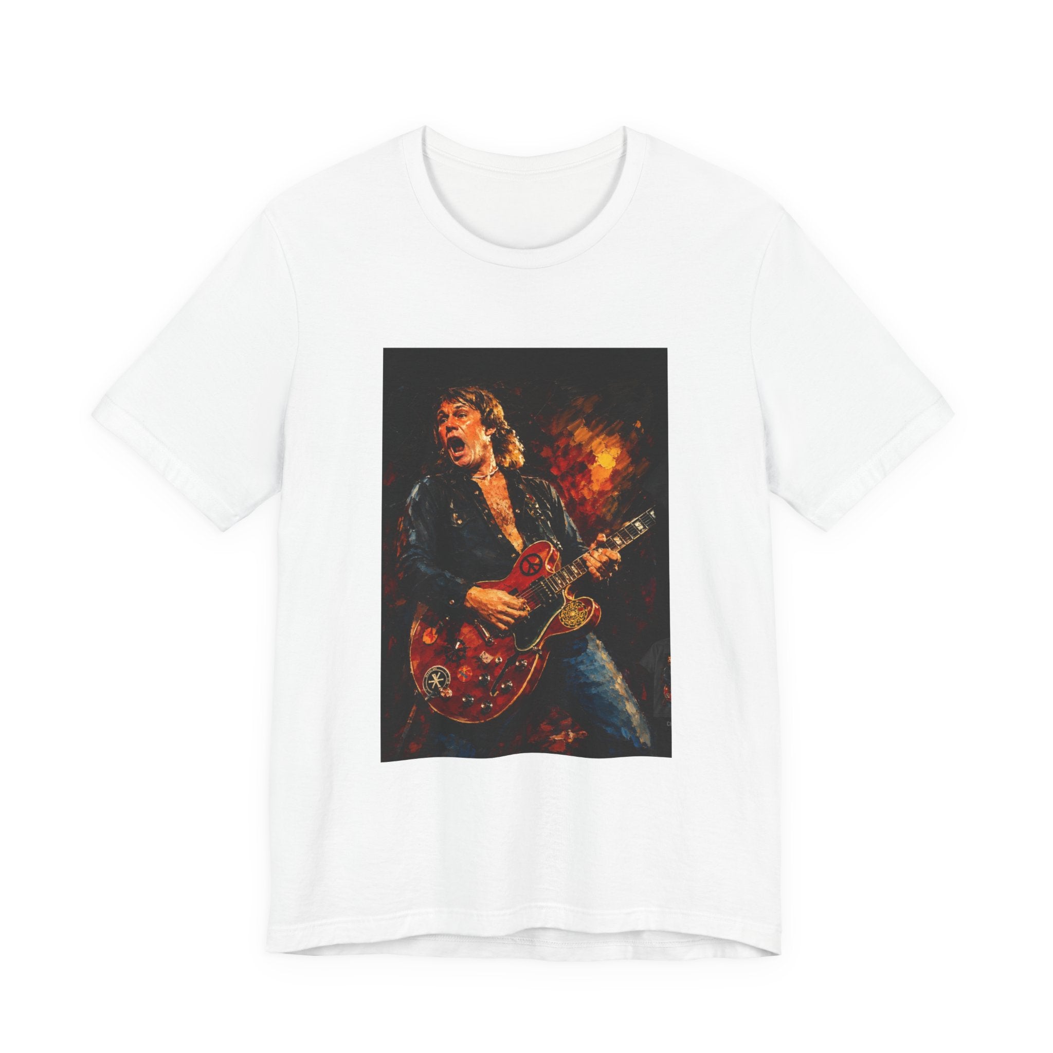Rock Guitarist Graphic Tee — Fiery Electric Guitar Player T-Shirt